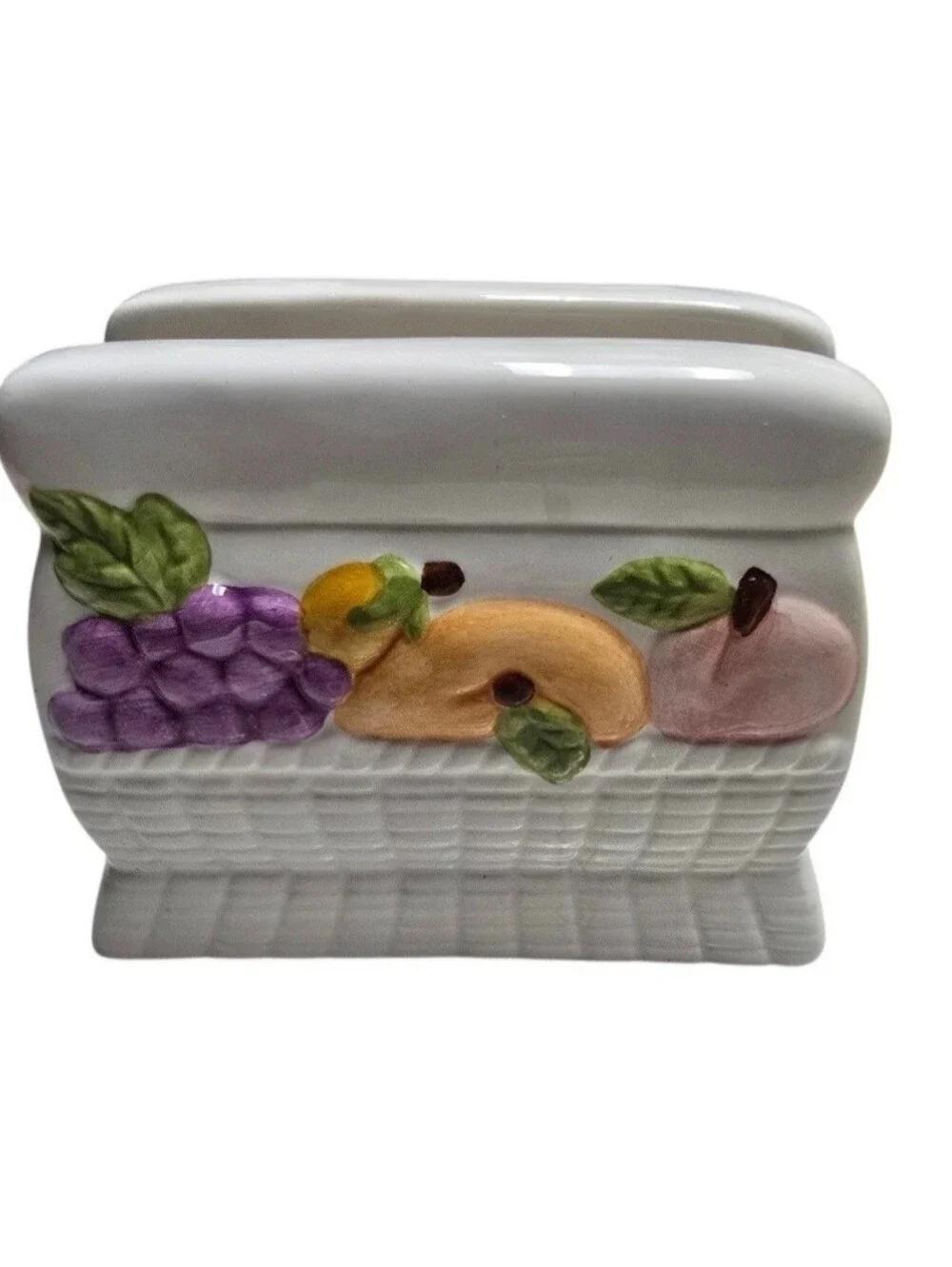 Vintage Ceramic Fruit Napkin Holder Basket Weave Farmhouse Kitchen Table Decor